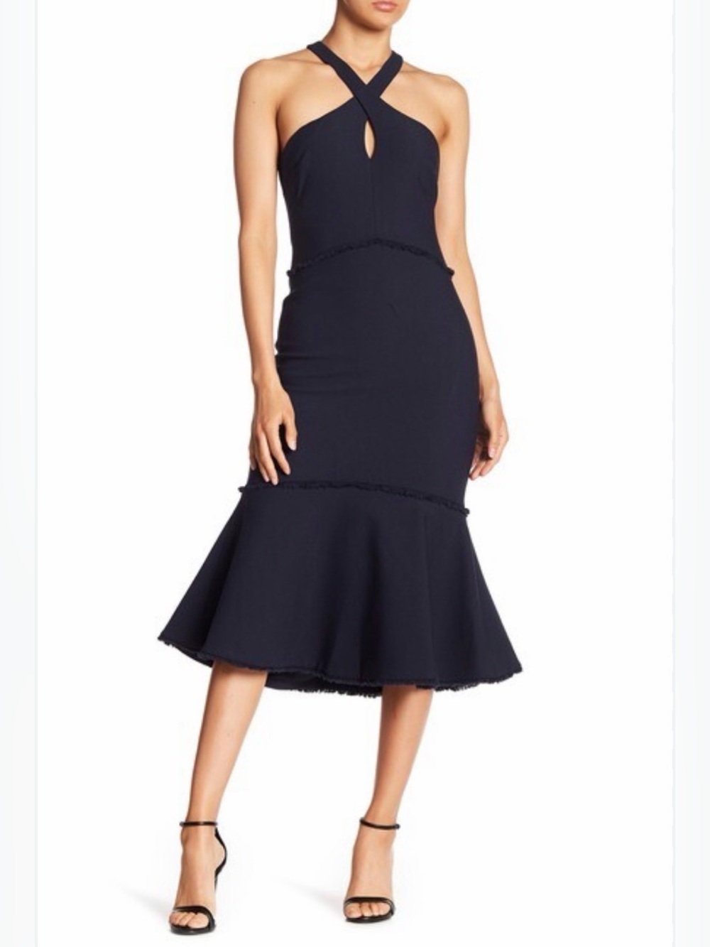 NEW Cinq A Sept Dante Dress Size 2 Navy Blue Mermaid Midi Keyhole Retail $495